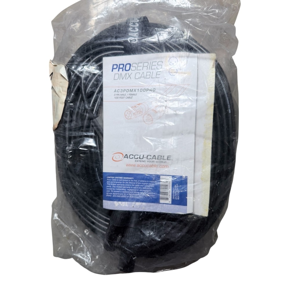 Accu-Cable DMX Cable 100ft AC3PDMX100PRO 3 Pin Male Female XLR Pro Series‎ Black